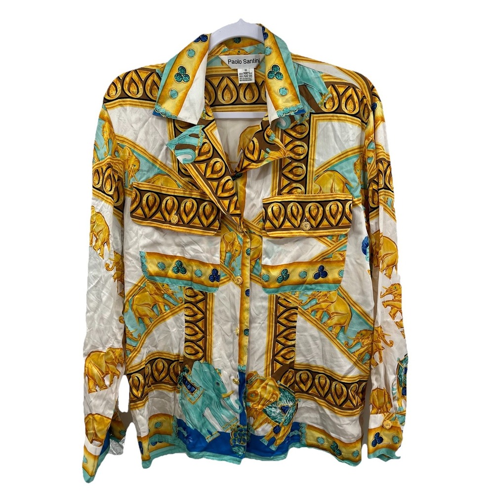 Vintage Paolo Santini 100% silk‎ button-down blouse elephant gold-tone belt 12